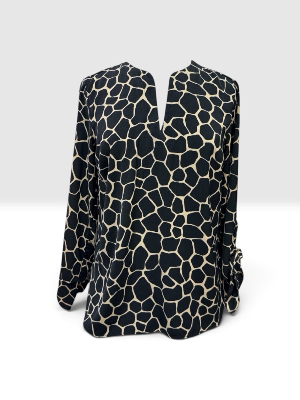 MICHAEL Michael Kors Black and Cream Giraffe-Print Split-Neck Blouse